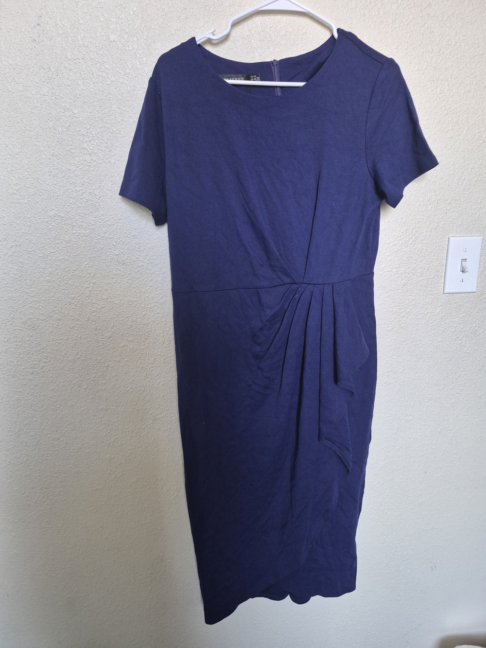 Navy Midi Sheath Dress with Side Pleat Detail